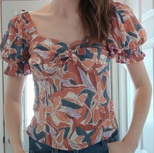 NINE WEST Small Floral Multicolor Smocked Off Shoulder Sweetheart Blouse Top